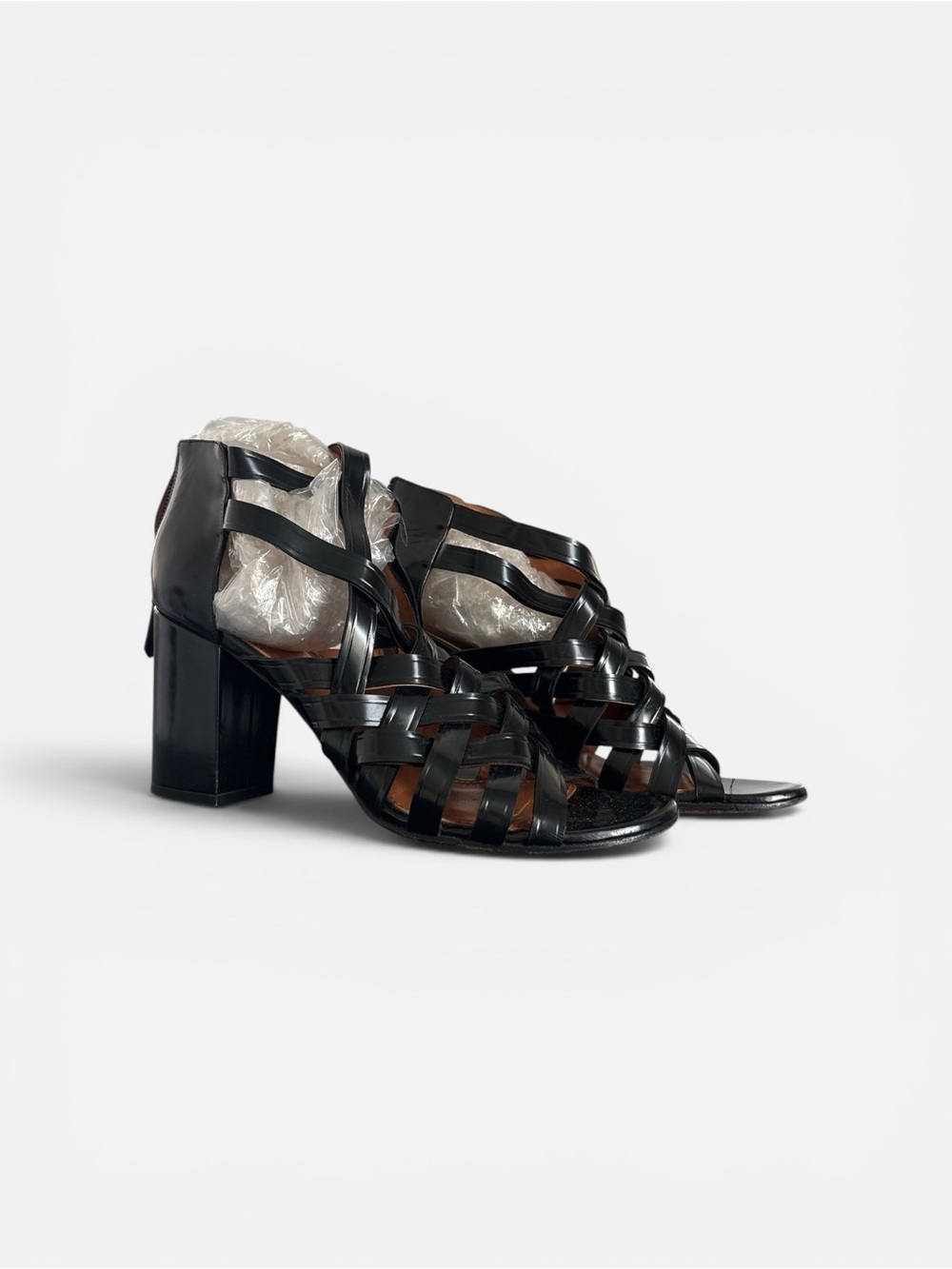 GIVENCHY Black Leather Woven Block Heel Sandals